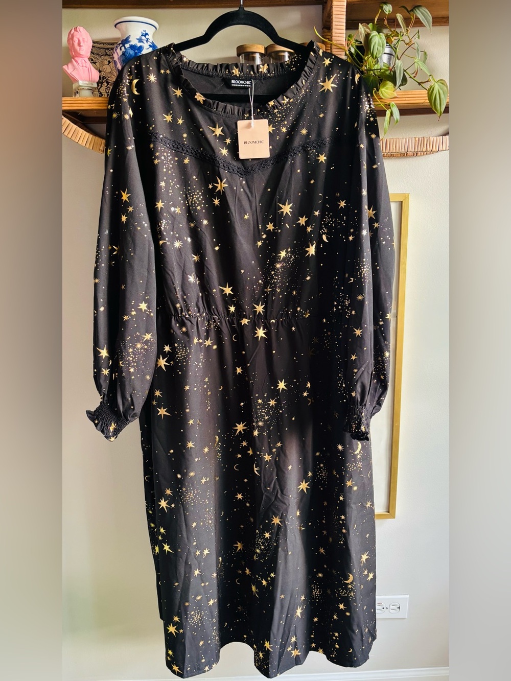 BloomChic Black Flowy Dress with Gold Star Print